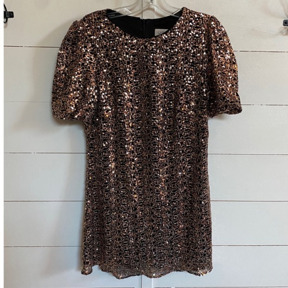 Eliza J Womens Bronze Black Sequin Puff Sleeve Shift Mini Dress Size 10 - Picture 8 of 9
